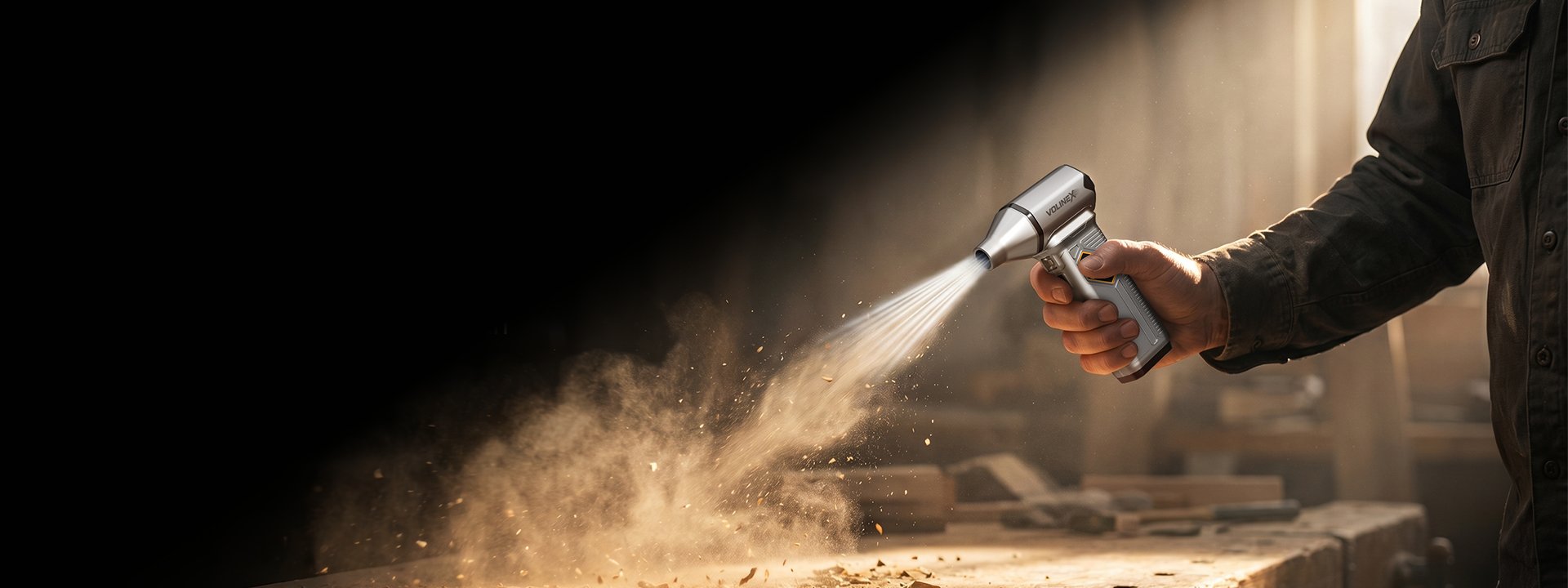 Hand holding VOLINEX blower clearing sawdust from a workbench