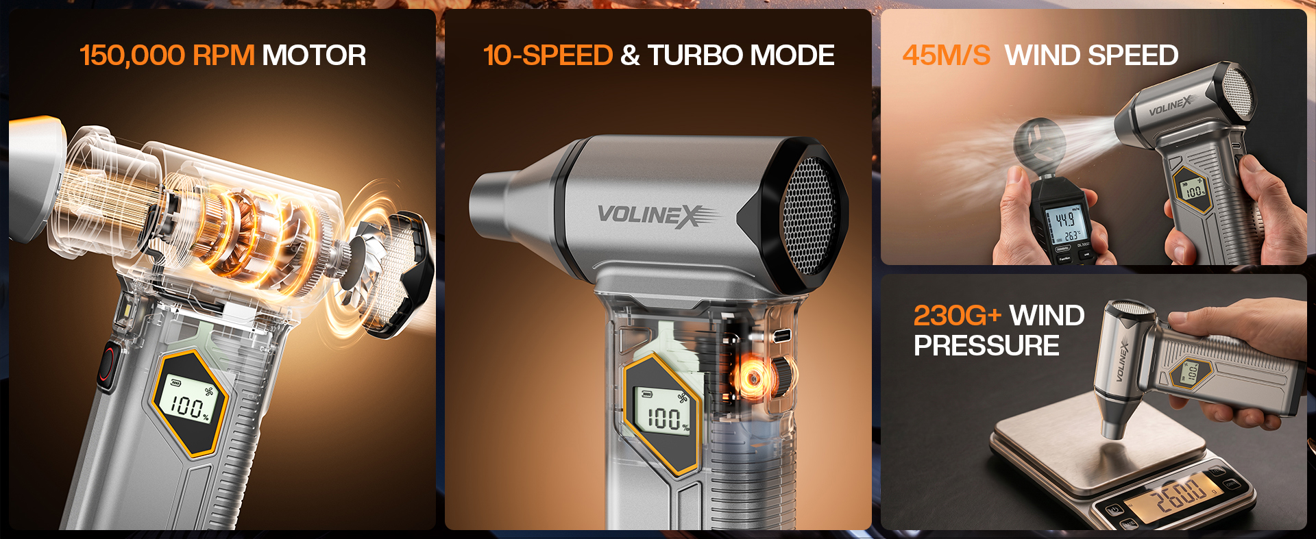 150,000 RPM brushless motor · 10-speed turbo mode · 45 m/s wind speed · 270g airflow
