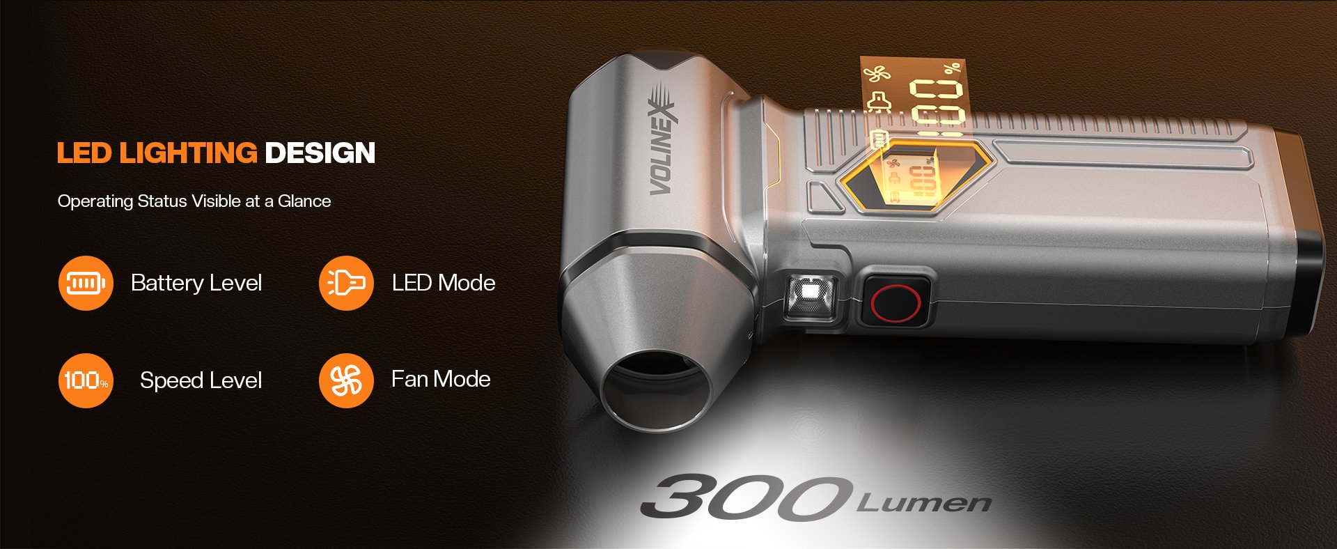 LED lighting design with LCD screen showing battery level, speed level, LED mode, and fan mode — 300 lumen brightness