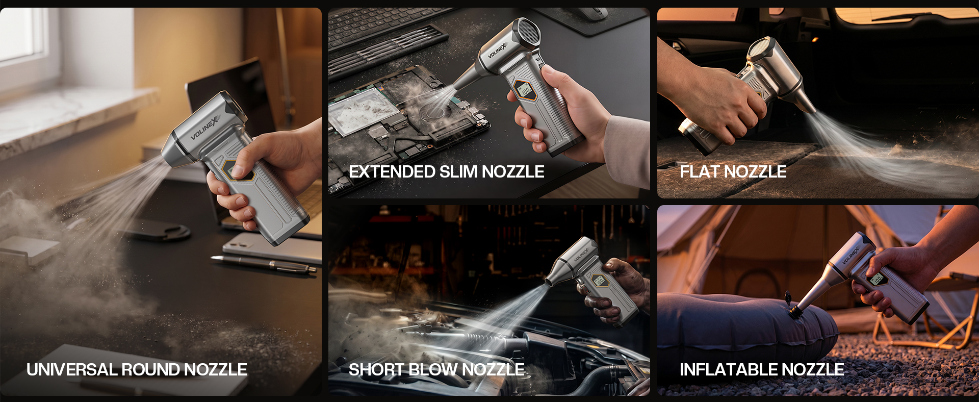 5 interchangeable nozzles for every job: universal round, extended slim, flat, short blow, inflatable